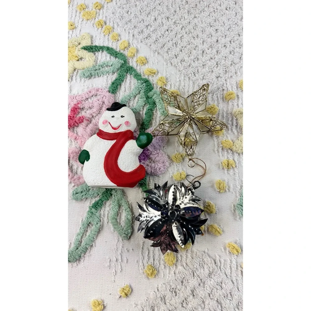 Vintage Christmas Ornament Lot Snowman Ceramic Gold Star Glass Silver Metal 3pc